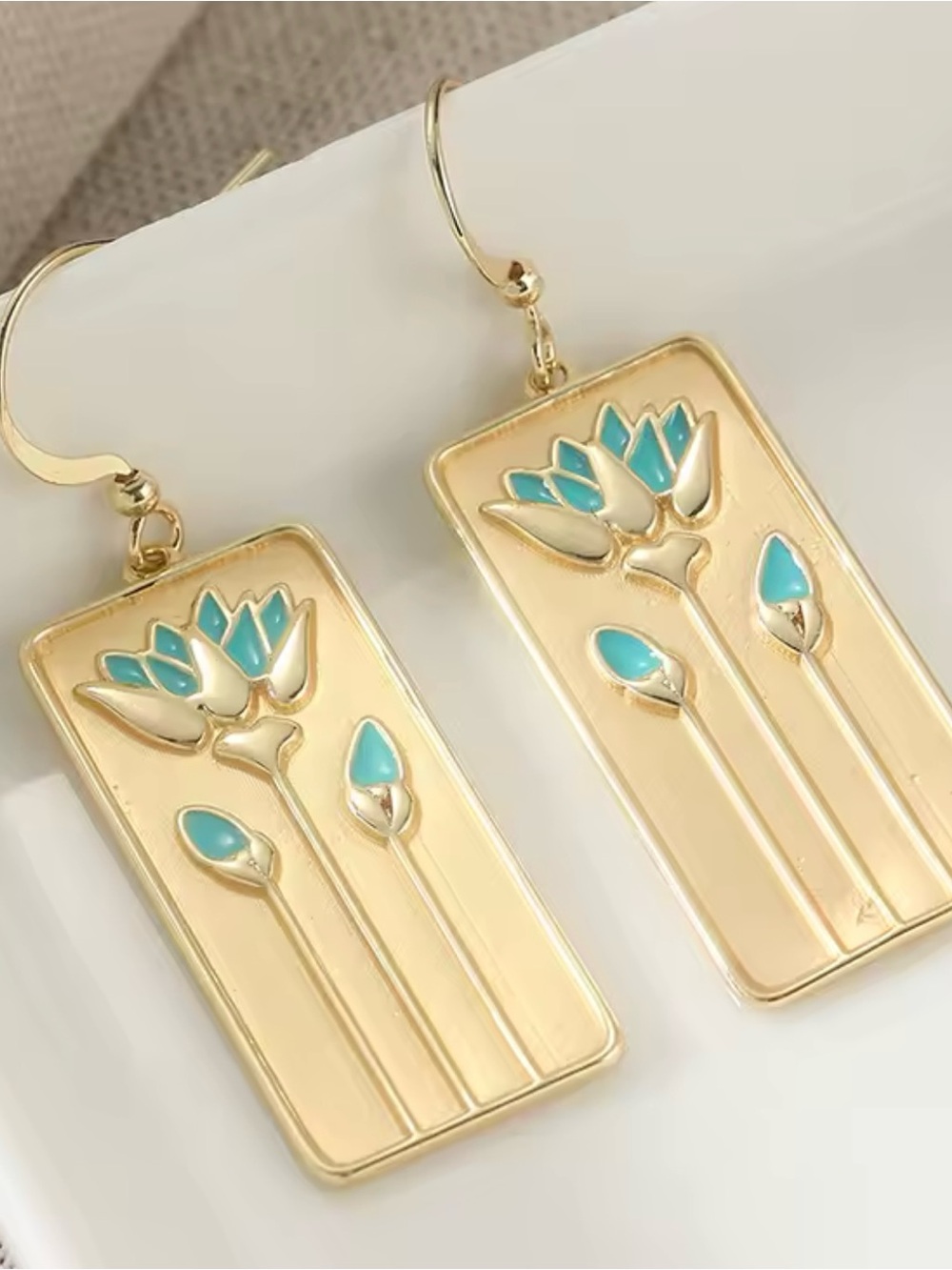 New Gold Colored Enameled Lotus Flower Eartings